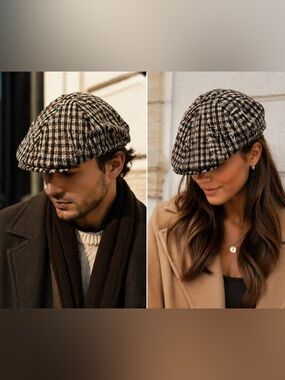 H&M Brown Check Wool Paperboy Hat Newsboy Cap Unisex Classic Tweed